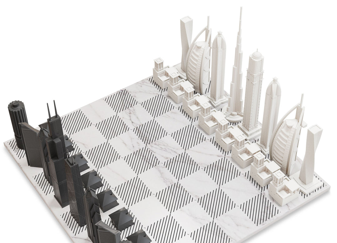 Skyline Chess Set, Chicago Vs Dublin, Acrylic, Side View, Marble Board