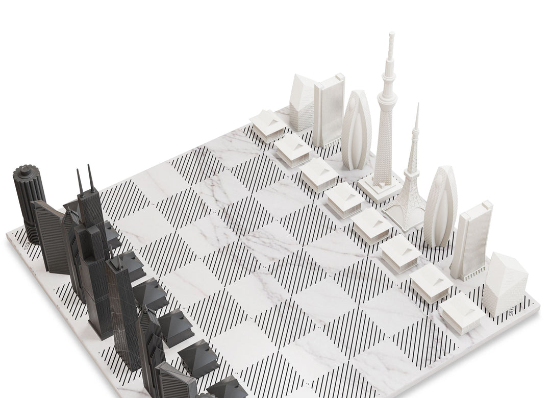 Skyline Chess Set, Chicago Vs Tokyo, Acrylic, Corner View, Marble Board