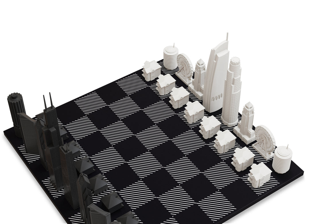 Skyline Chess Set, Chicago Vs Los Angeles, Acrylic, Side View, Hatch Board