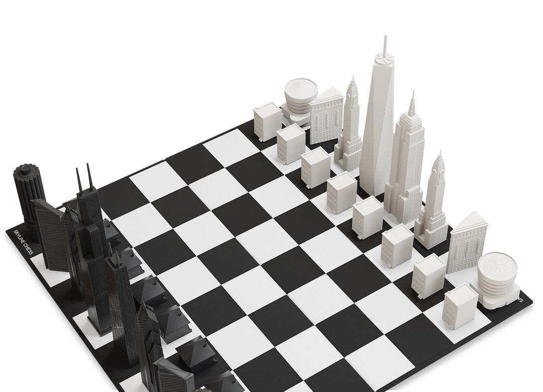 Skyline Chess Set, Chicago Vs New York City, Acrylic, Side View, Folding Board