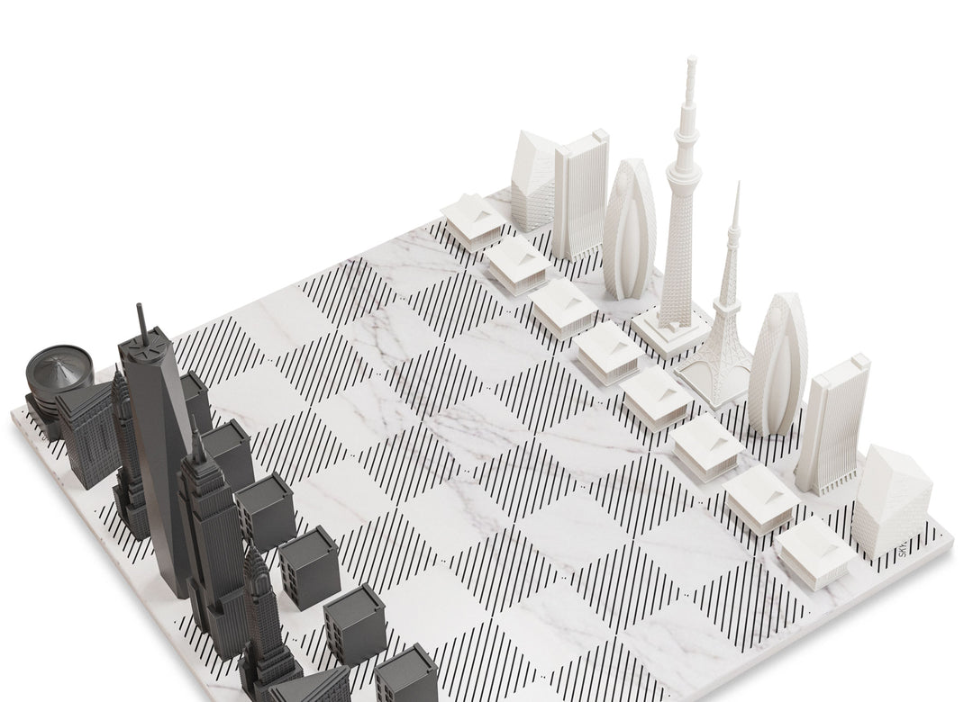 Skyline Chess Set, Chicago Vs. New York, Acrylic, Marble Board