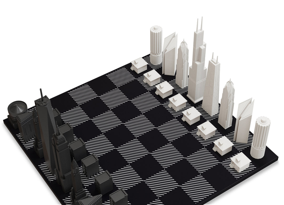 Skyline Chess Set, New York vs Chicago, Acrylic, Side View, Hatch Board