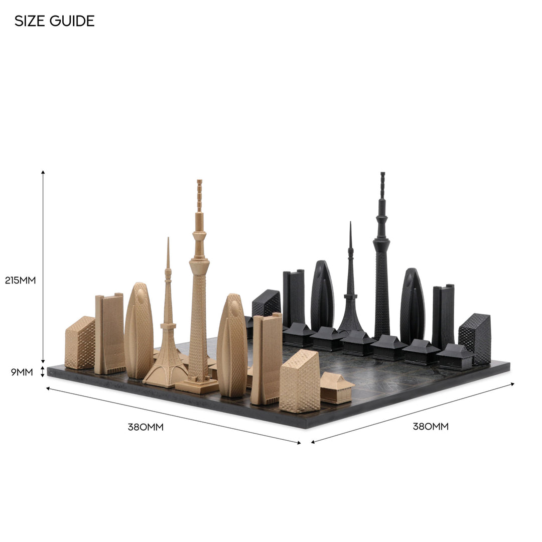 Skyline Chess Set, Tokyo, Bronze, Detail View, Wood Board