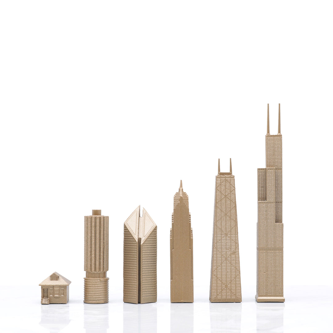 Skyline Chess Set, Chicago, Bronze, Side View