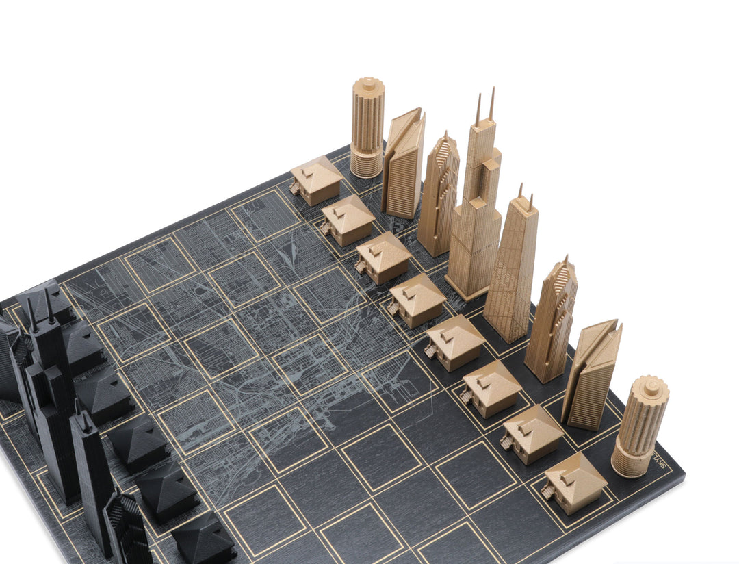 Skyline Chess Set, Chicago, Bronze, Corner View, Marble Hatch Board
