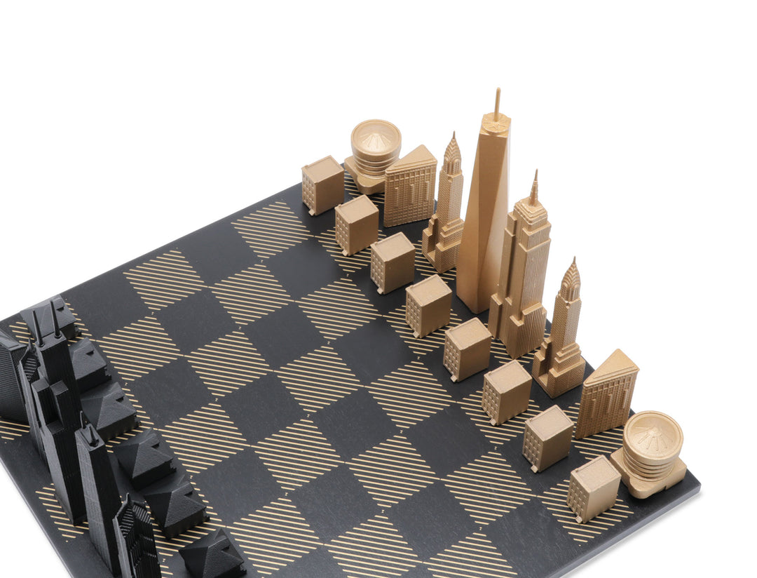 Skyline Chess Set, New York Vs San Francisco, Bronze, Corner View, Hatch Marble Board