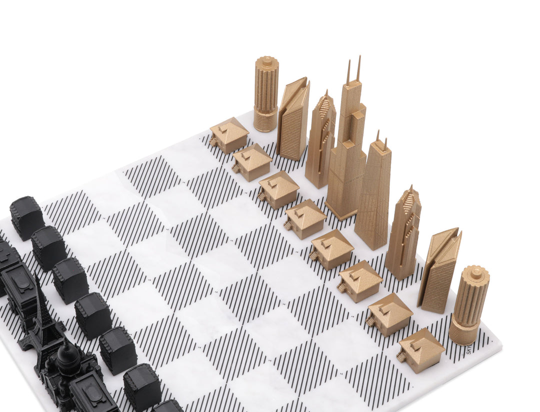 Skyline Chess Set, New York Vs San Francisco, Bronze, Corner View, Marble Board