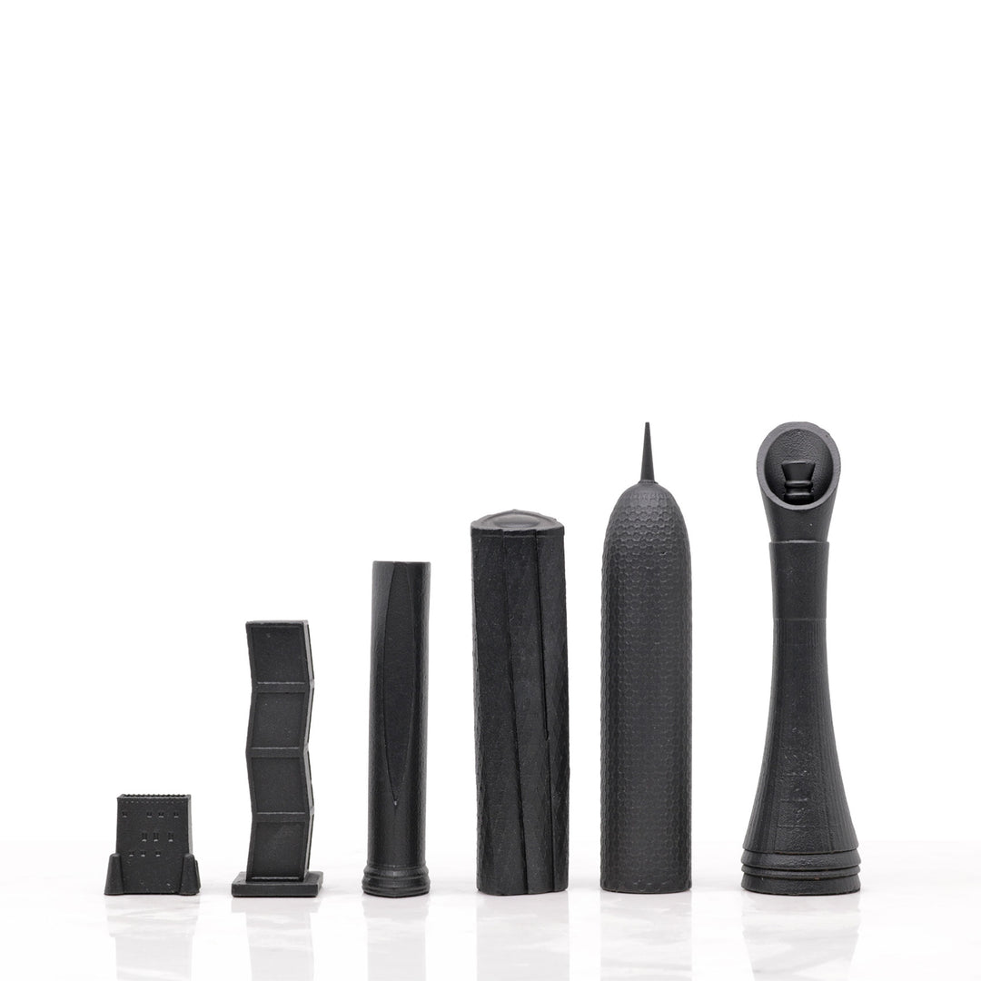 Skyline Chess Set, Doha, Bronze, Side View, Wood Board
