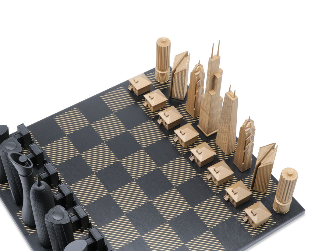 Skyline Chess Set, Doha Vs Chicago, Bronze, Corner View, Hatch Board