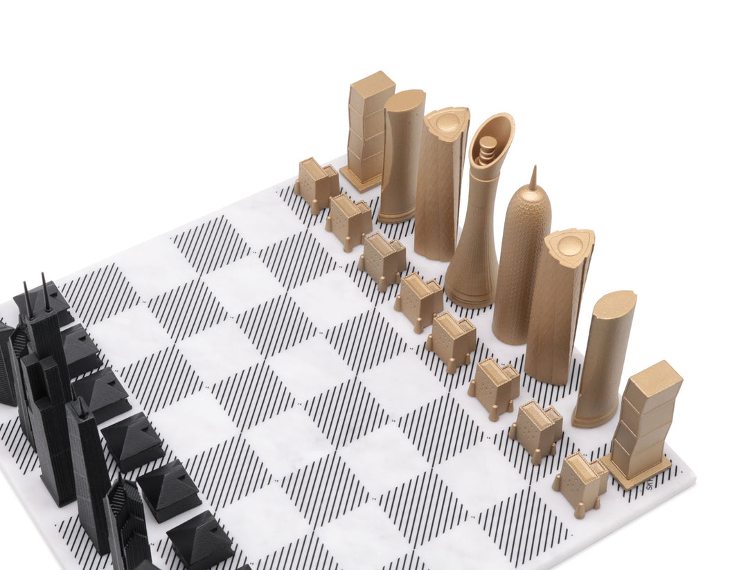 Skyline Chess Set, New York Vs Paris, Bronze, Corner View, Gold Wooden Hatch Board