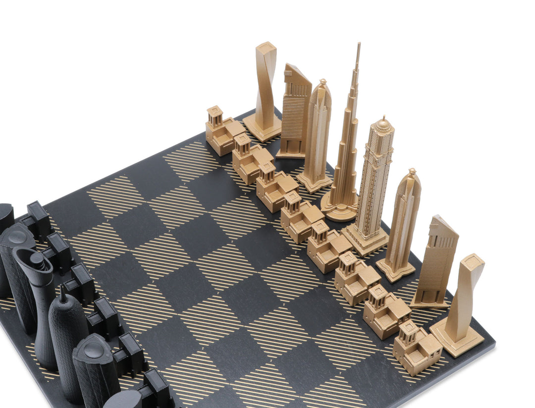 Skyline Chess Set, London Vs Dubai, Bronze, Corner View, Marble Board