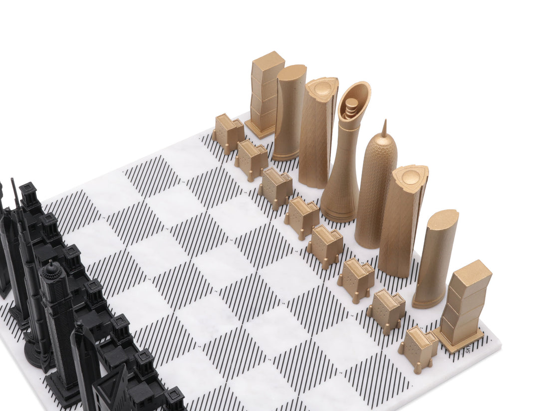 Skyline Chess Set, London Vs Paris, Bronze, Corner View, Gold Wooden Hatch Board