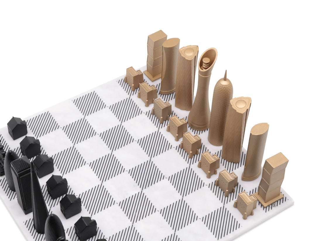 Skyline Chess Set, London Vs Dubai, Bronze, Corner View, Marble Board