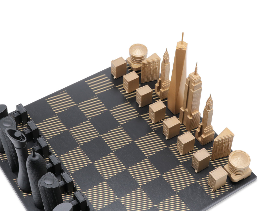 Skyline Chess Set, San Francisco Vs Dubai, Bronze, Corner View, Marble Board