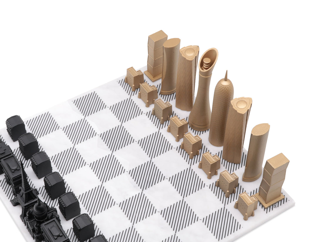 Skyline Chess Set, San Francisco Vs Dubai, Bronze, Corner View, Marble Board