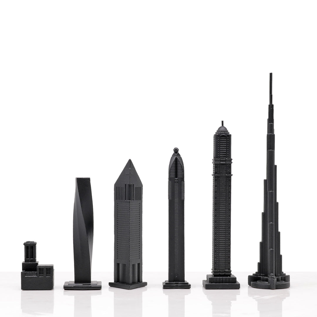 Skyline Chess Set, Dubai, Bronze, Side View, Wood Board