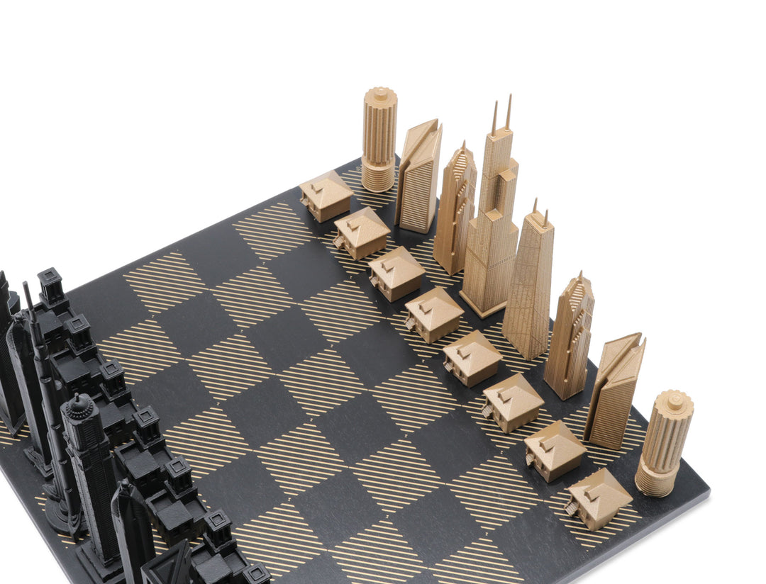 Skyline Chess Set, London vs Chicago, Bronze, Corner View, Hatch Board