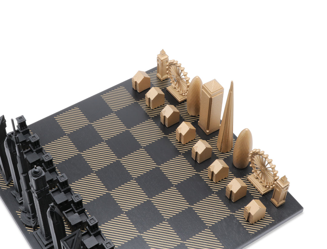 Skyline Chess Set, New York vs Chicago, Bronze, Corner View, Marble Board