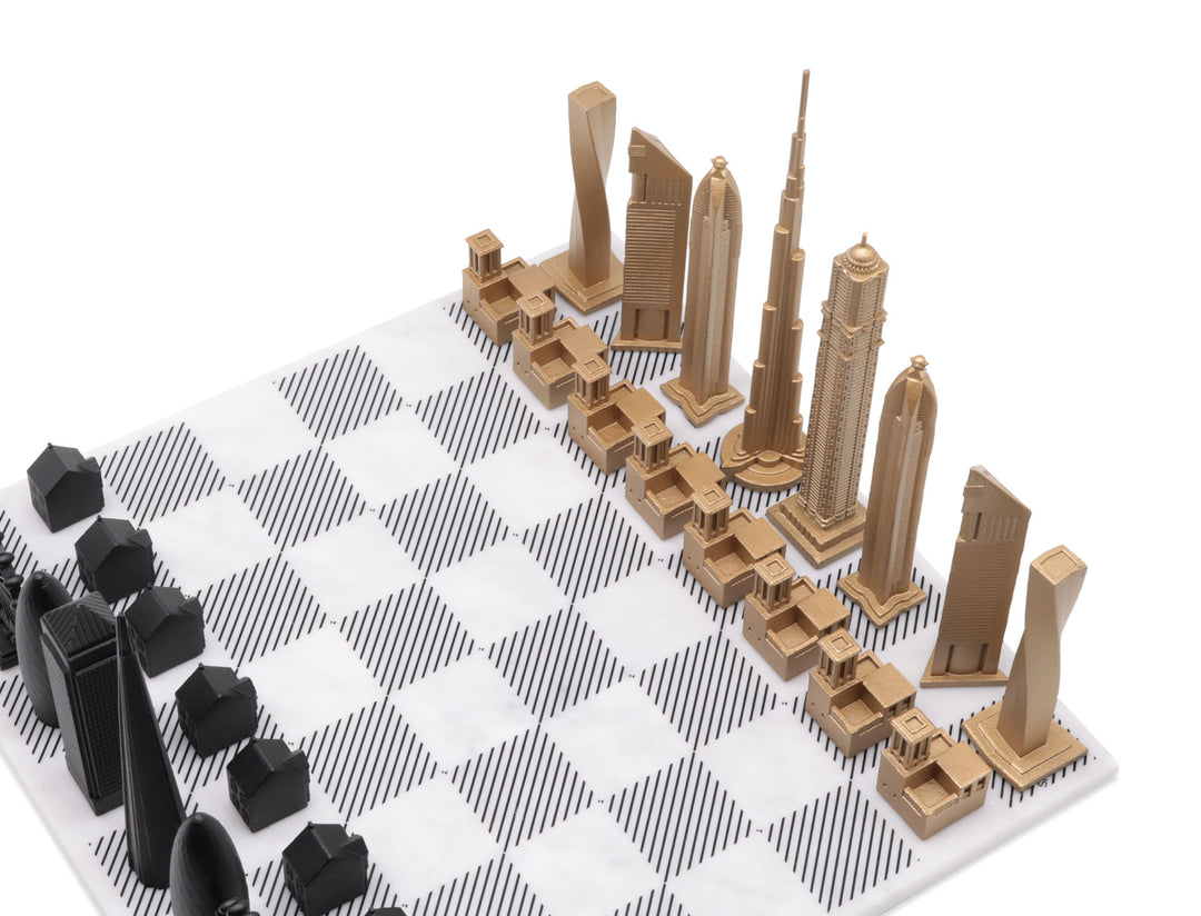 Skyline Chess Set, London vs Chicago, Bronze, Corner View, Gold Wooden Hatch Board