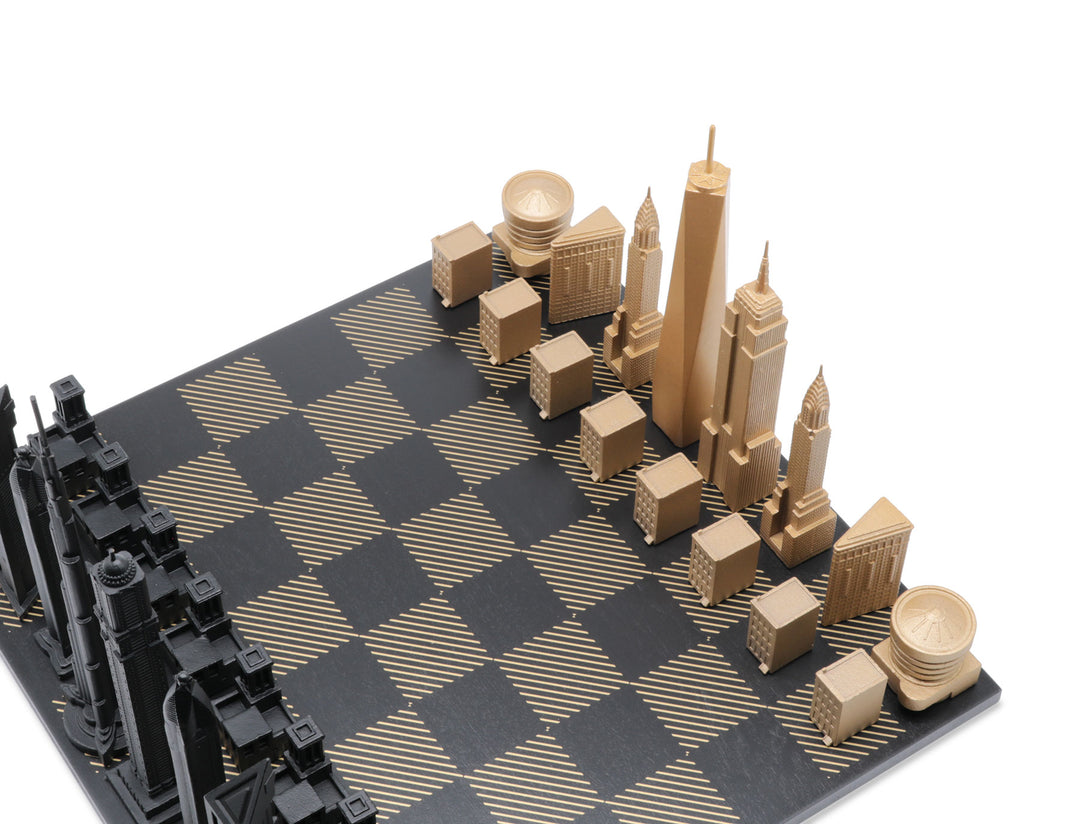Skyline Chess Set, Paris vs Chicago, Bronze, Corner View, Hatch Board