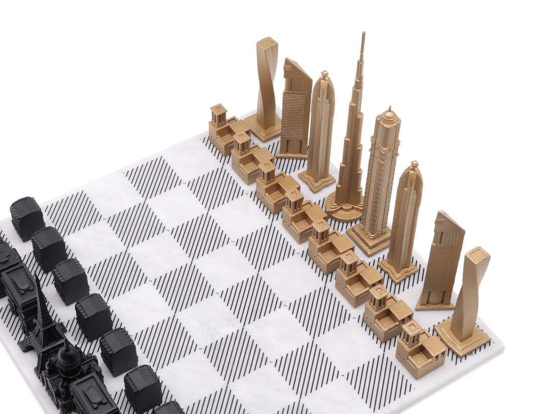 Skyline Chess Set, Paris vs Chicago, Bronze, Corner View, Gold Wooden Hatch Board