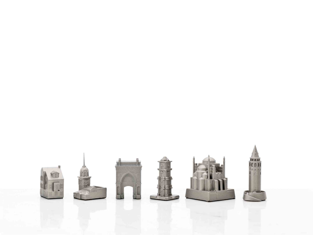 Skyline Chess Set, Istanbul, Steel Metal, Side View, Presentation Box