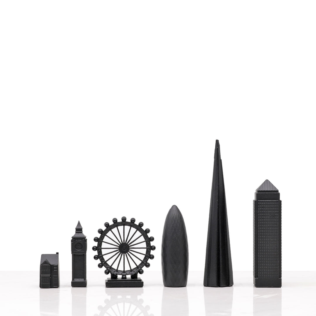 Skyline Chess Set, London, Bronze, Side View, Wood Board