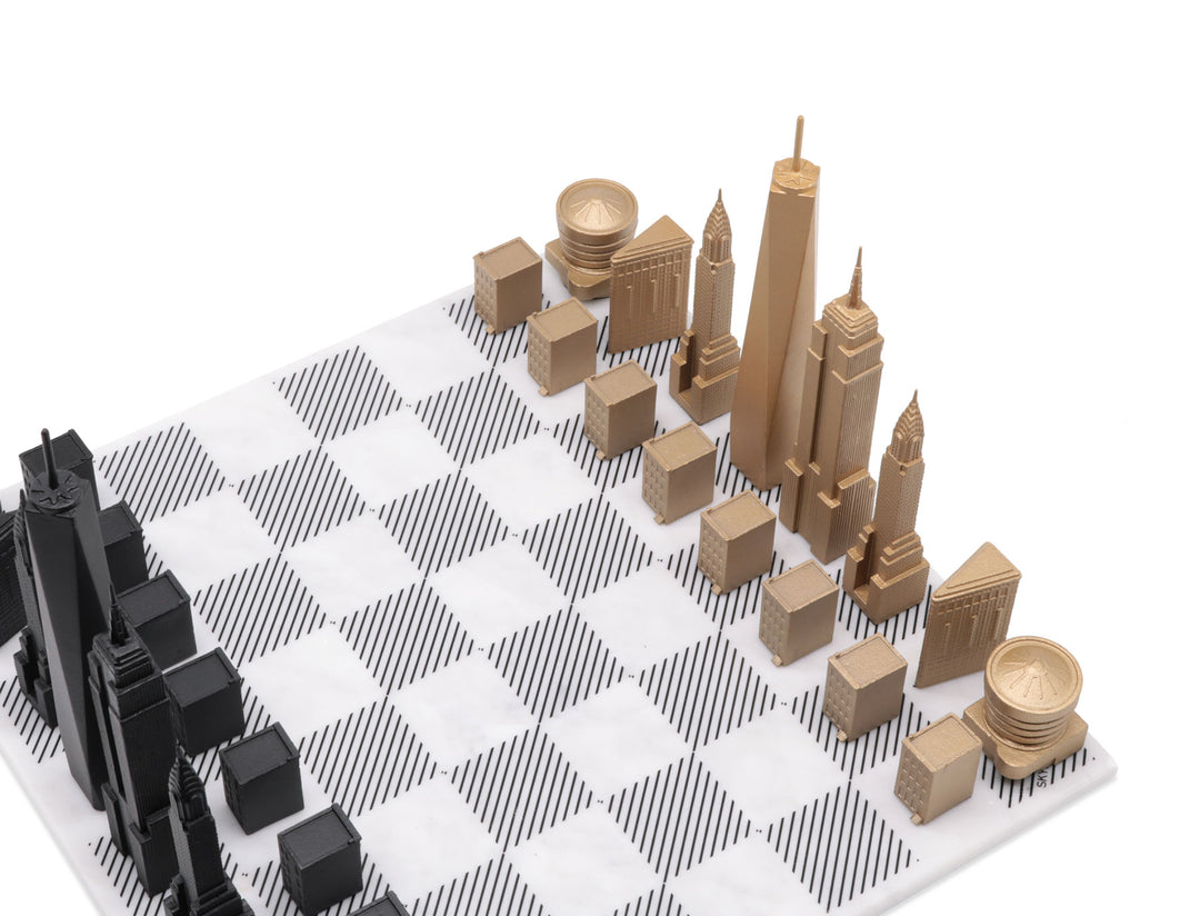 Skyline Chess Set, New York, Bronze, Corner View, Marble Board