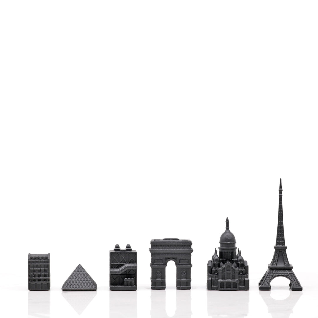 Skyline Chess Set, Paris, Bronze, Side View, Wood Board