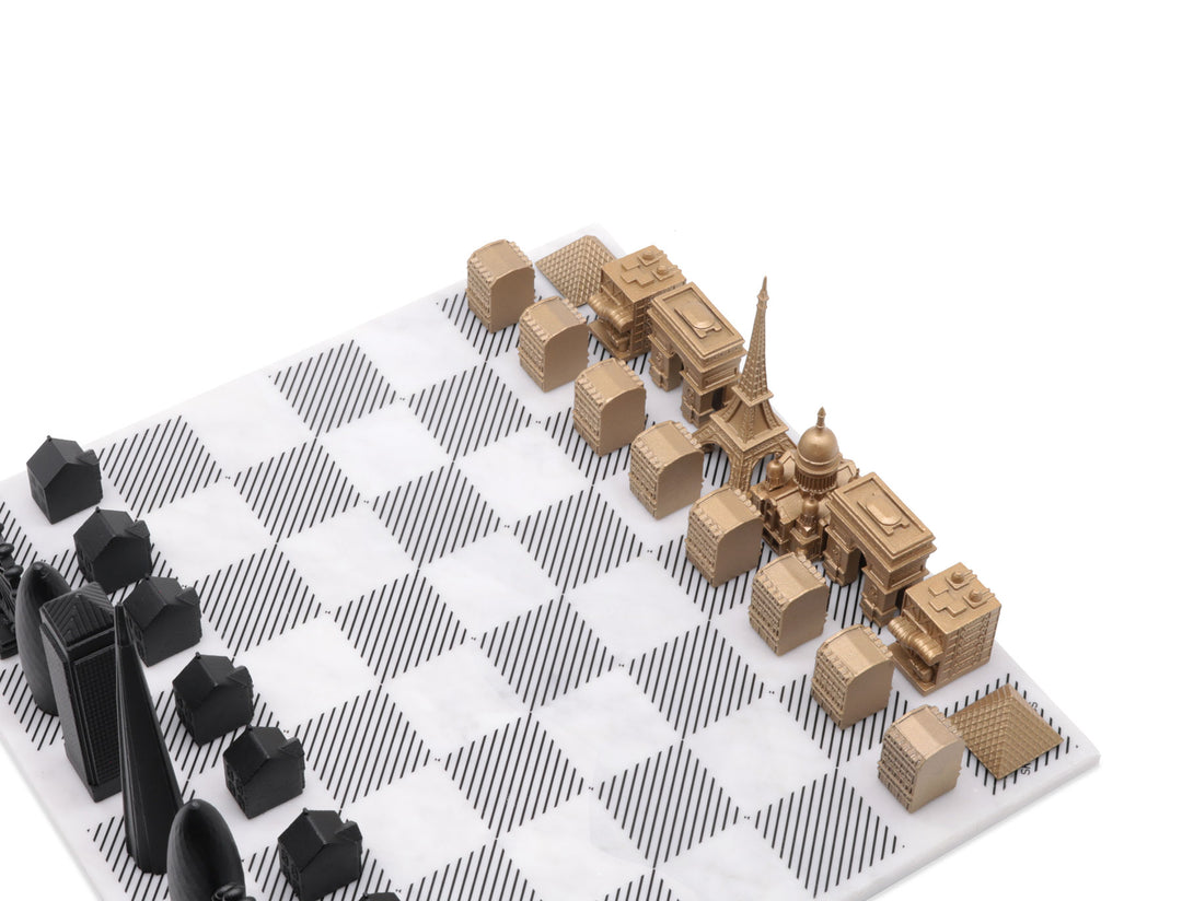 Skyline Chess Set, San Francisco vs Chicago, Bronze, Corner View, Marble Board
