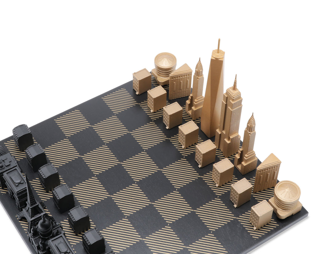 Skyline Chess Set, Tokyo Vs New York, Bronze, Corner View, Gold Wooden Hatch Board