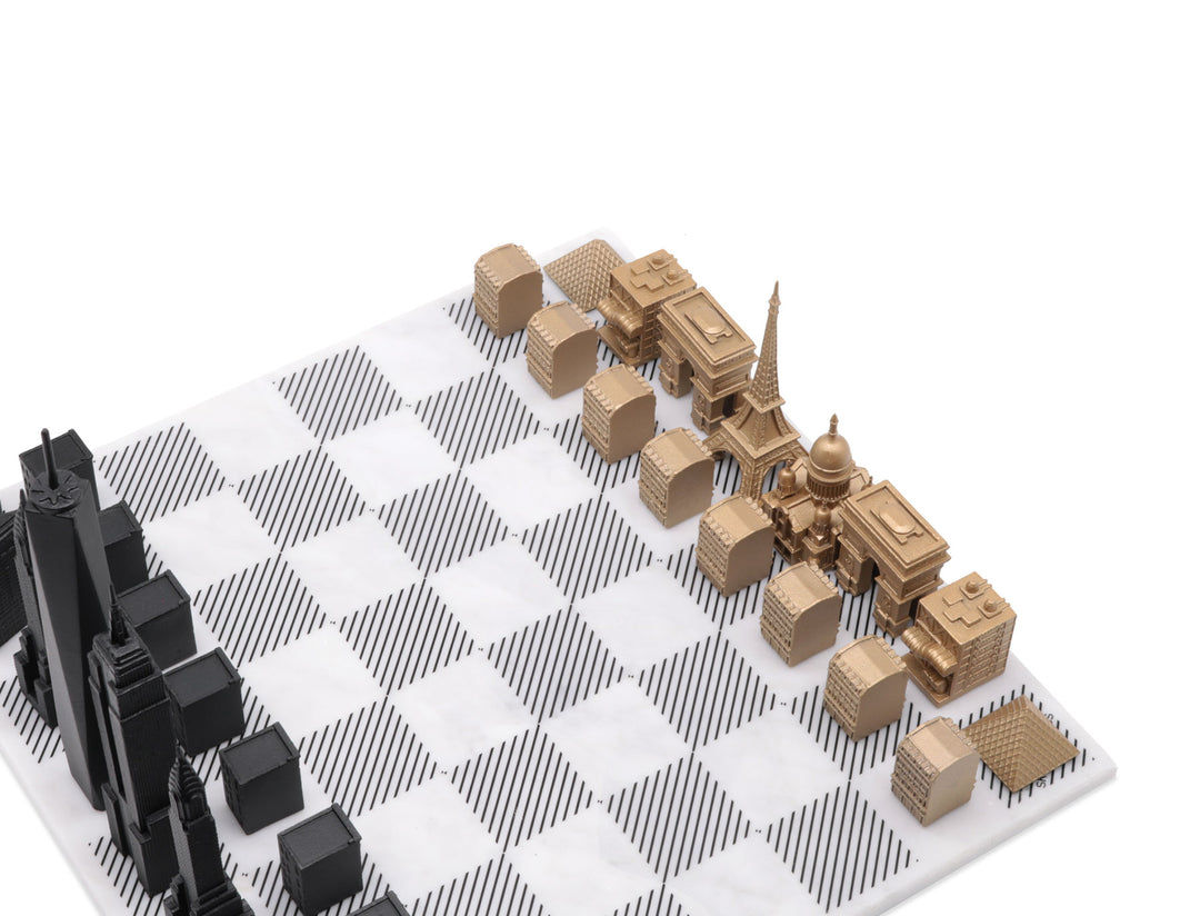Skyline Chess Set, Tokyo Vs London, Bronze, Corner View, Marble Board