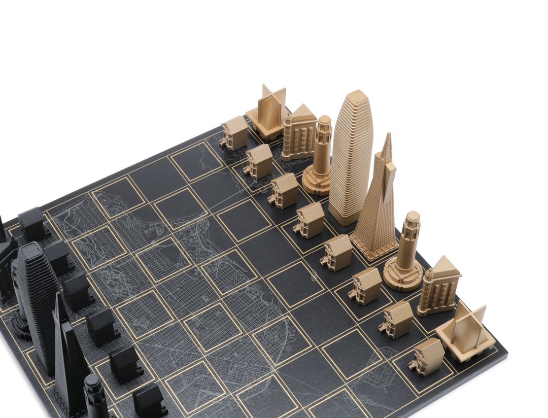 Skyline Chess Set, San Francisco, Bronze, Corner View, Marble Hatch Board