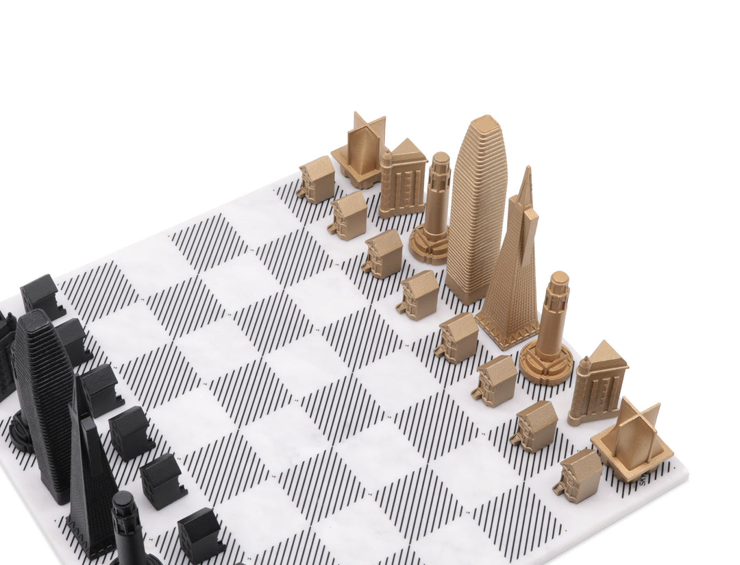 Skyline Chess Set, San Francisco, Bronze, Corner View, Marble Board