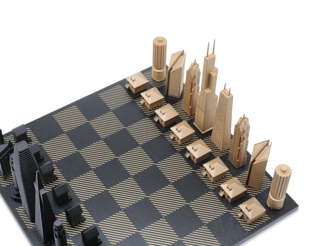 Skyline Chess Set, Tokyo vs San Francisco, Bronze, Corner View, Gold Wooden Hatch Board
