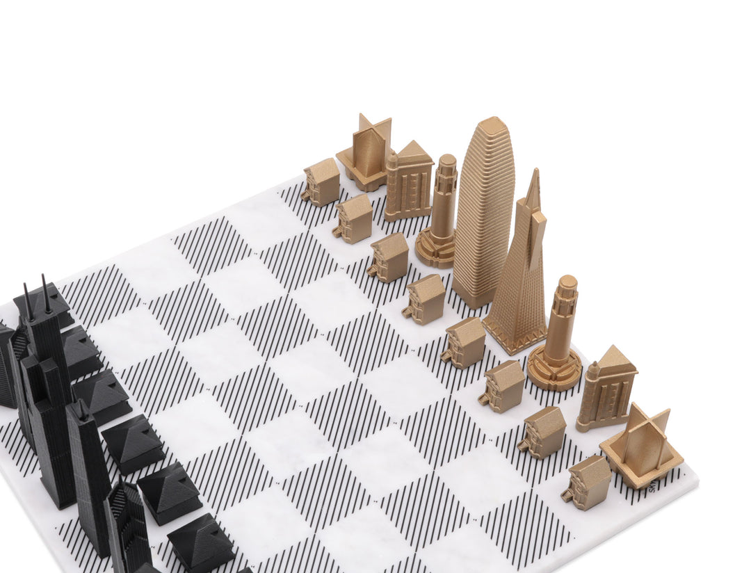 Skyline Chess Set, Tokyo Vs New York, Bronze, Corner View, Marble Board