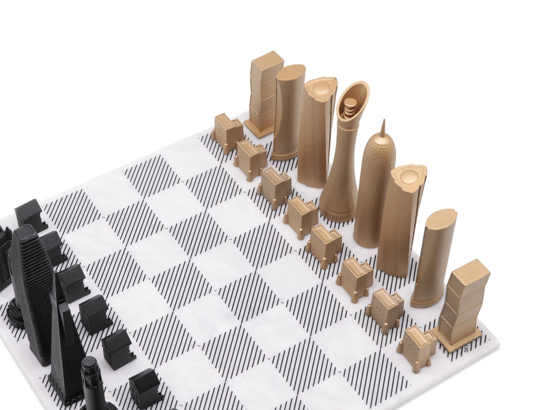 Skyline Chess Set, Paris Vs Dubai, Bronze, Corner View, Marble Board