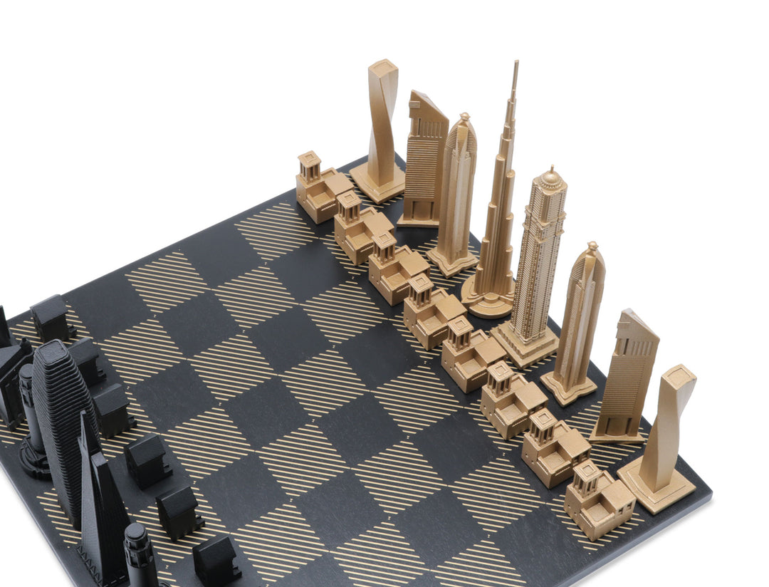 Skyline Chess Set, Tokyo Vs Paris, Bronze, Corner View, Hatch Board