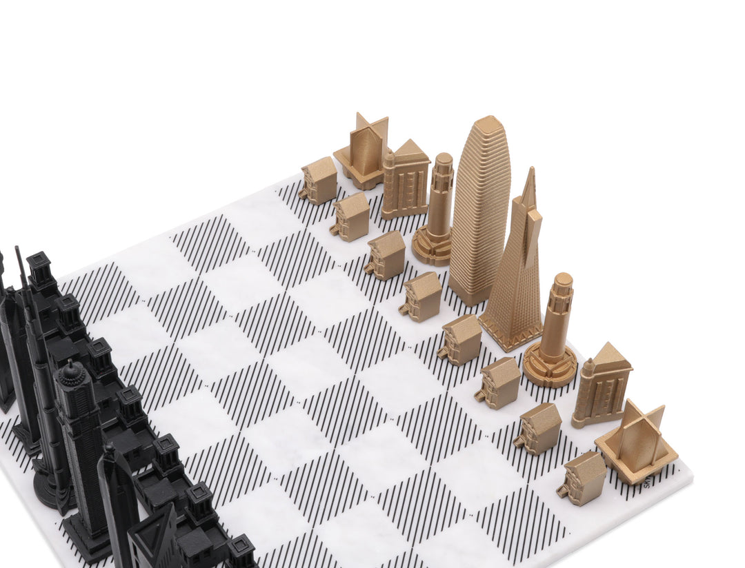 Skyline Chess Set, Tokyo Vs San Francisco, Bronze, Corner View, Marble Board