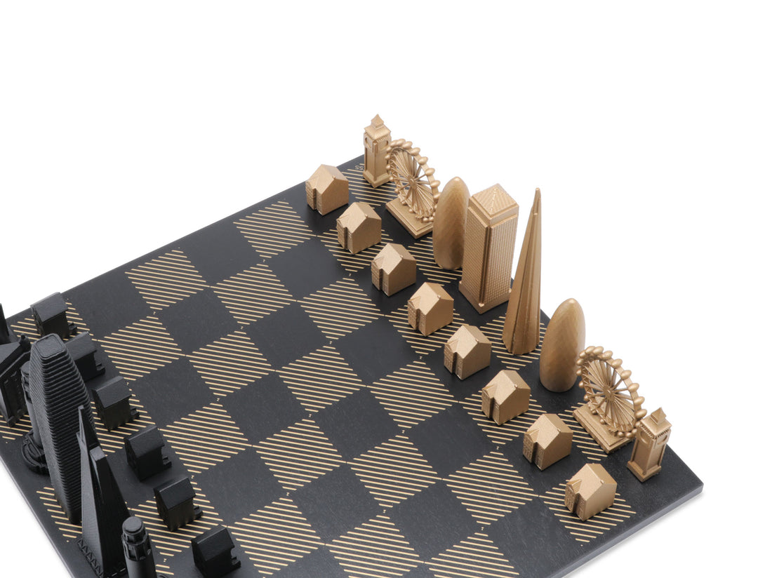 Skyline Chess Set, Tokyo Vs Dubai, Bronze, Corner View, Gold Wooden Hatch Board