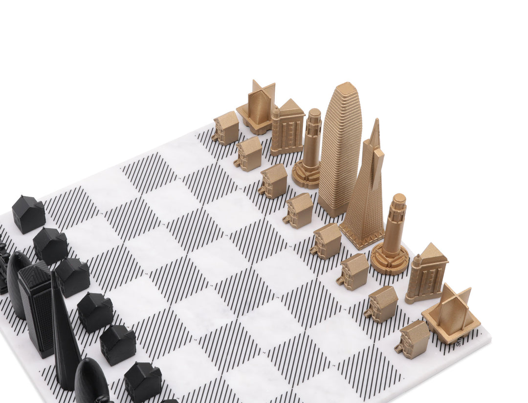 Skyline Chess Set, Tokyo Vs Paris, Bronze, Corner View, Marble Board