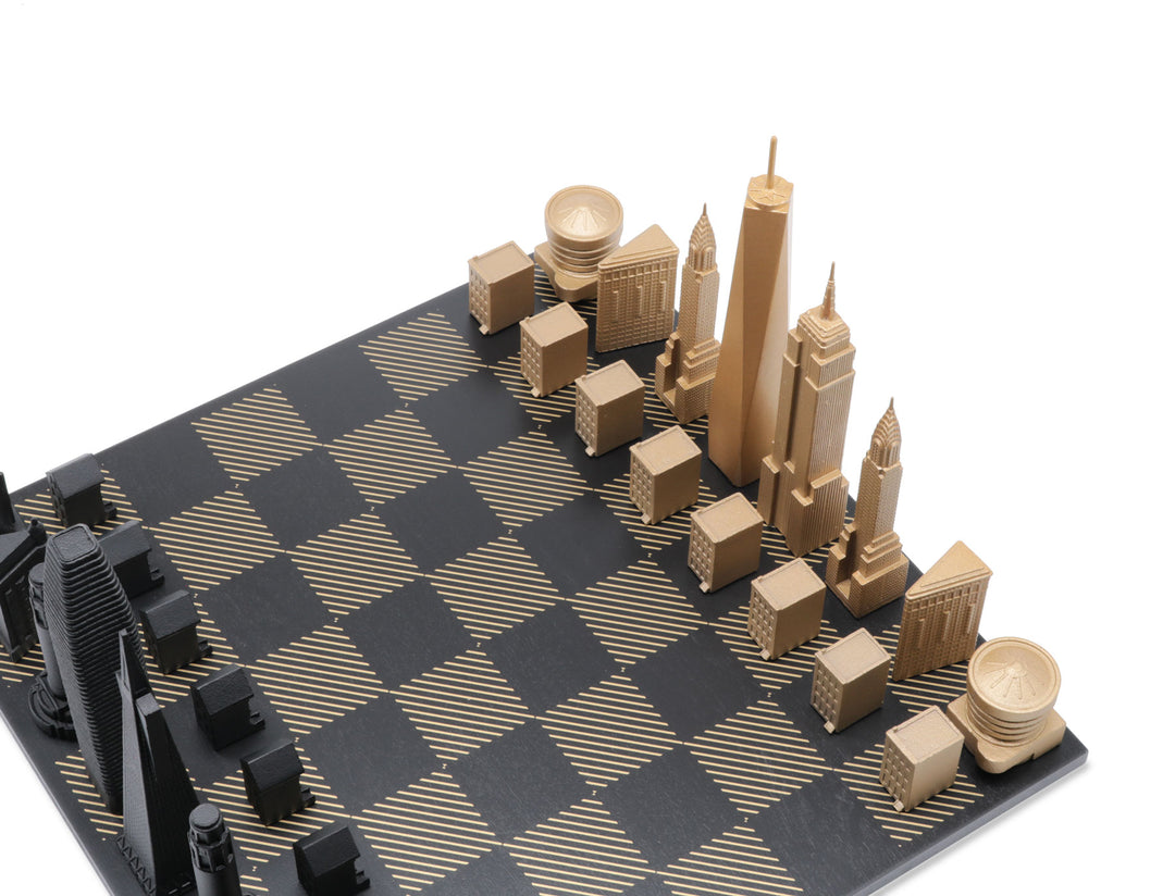 Skyline Chess Set, Tokyo Vs Chicago, Bronze, Corner View, Gold Wooden Hatch Board