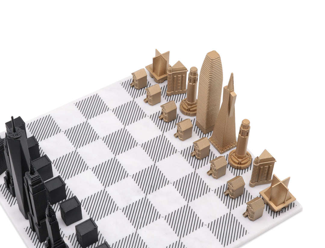 Skyline Chess Set, Tokyo Vs Dubai, Bronze, Corner View, Marble Board