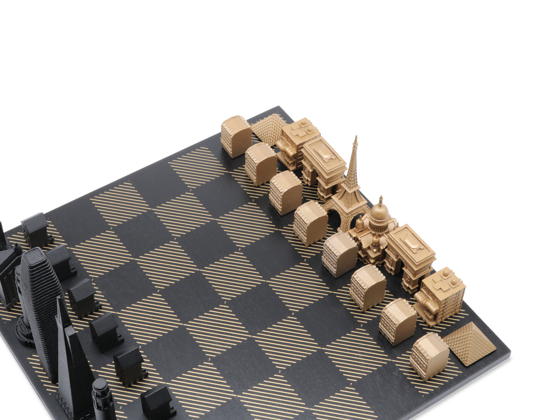 Skyline Chess Set, Tokyo Vs Doha, Bronze, Corner View, Gold Wooden Hatch Board
