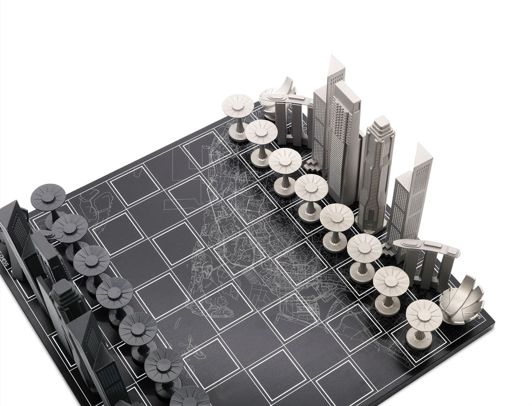 Skyline Chess Set, Singapore, Steel Metal, Corner View, Wood Board