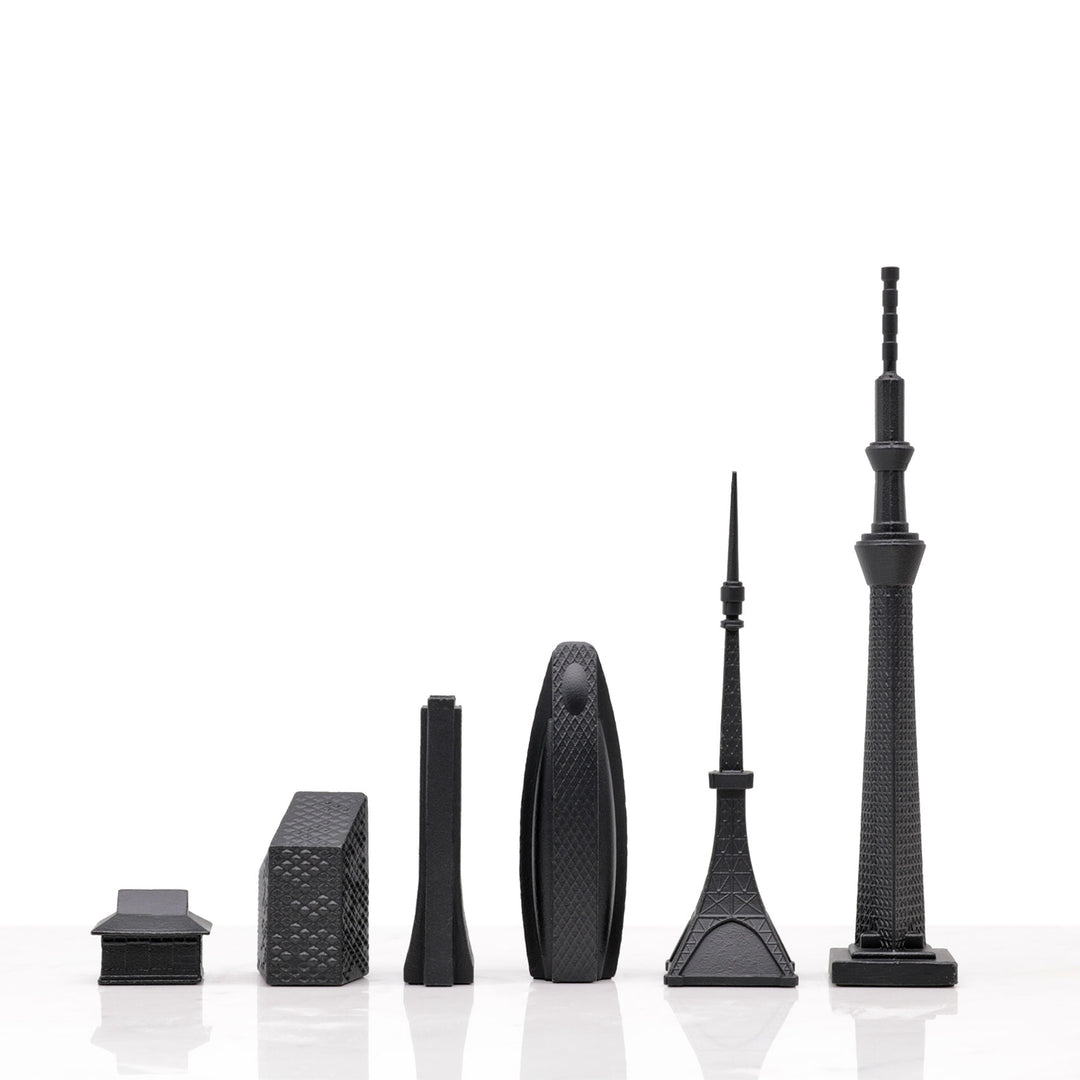 Skyline Chess Set, Tokyo, Bronze, Elevation View
