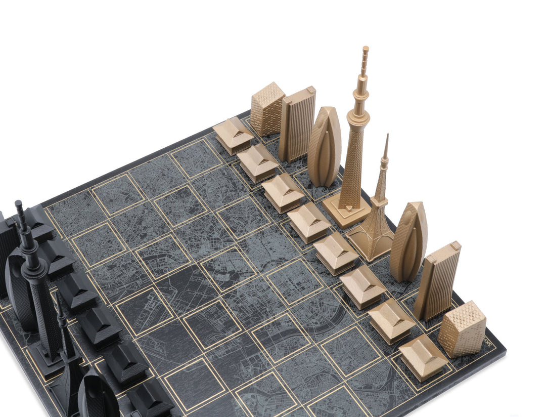 Skyline Chess Set, Tokyo, Bronze, Corner View, Marble Hatch Board