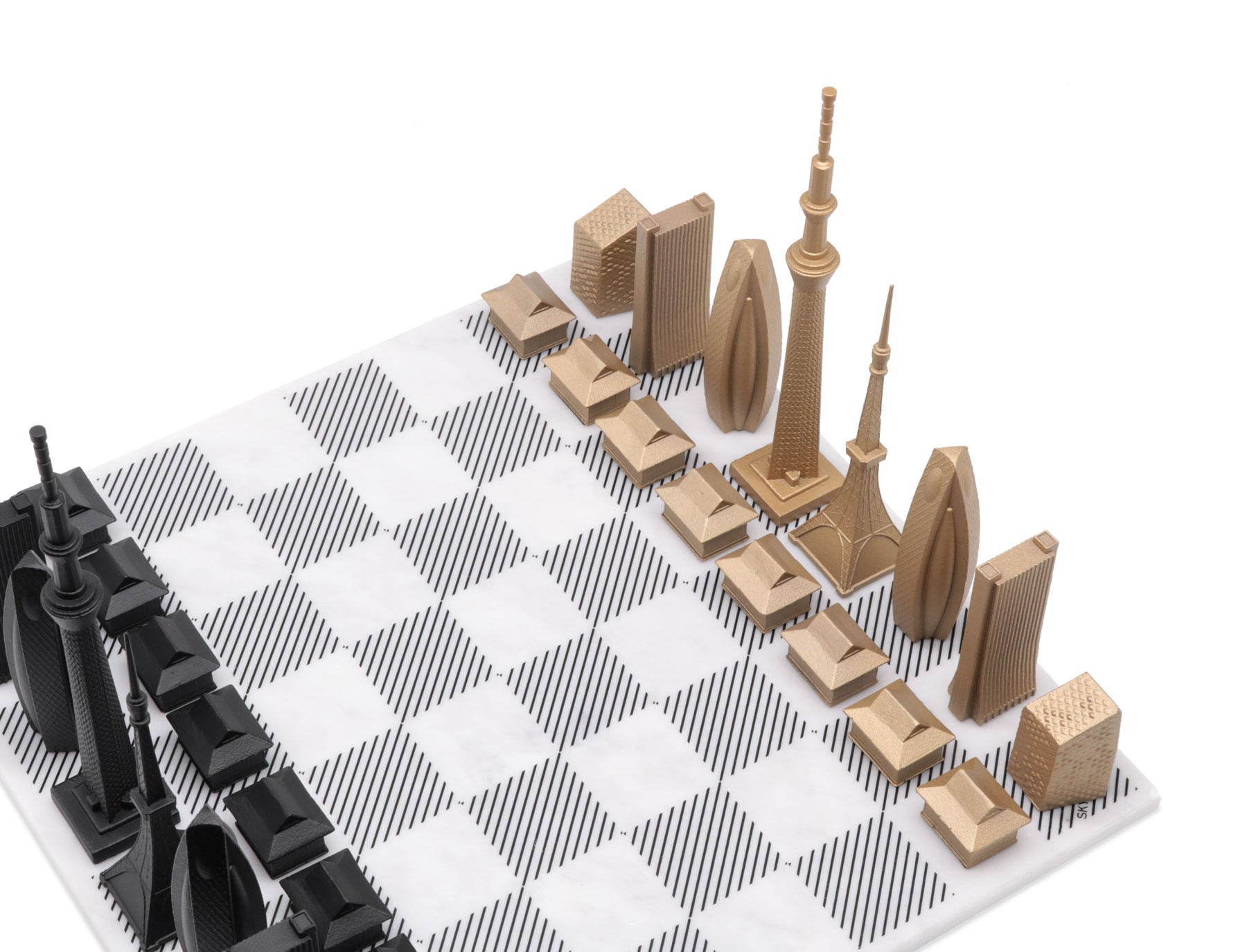 Skyline Chess Set, Tokyo, Bronze, Corner View, Marble Board