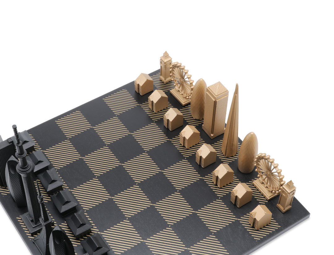 Skyline Chess Set, Doha Vs Paris, Bronze, Corner View, Hatch Board