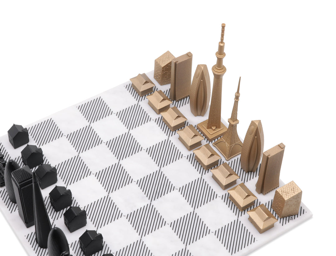 Skyline Chess Set, Doha Vs San Francisco, Bronze, Corner View, Marble Board